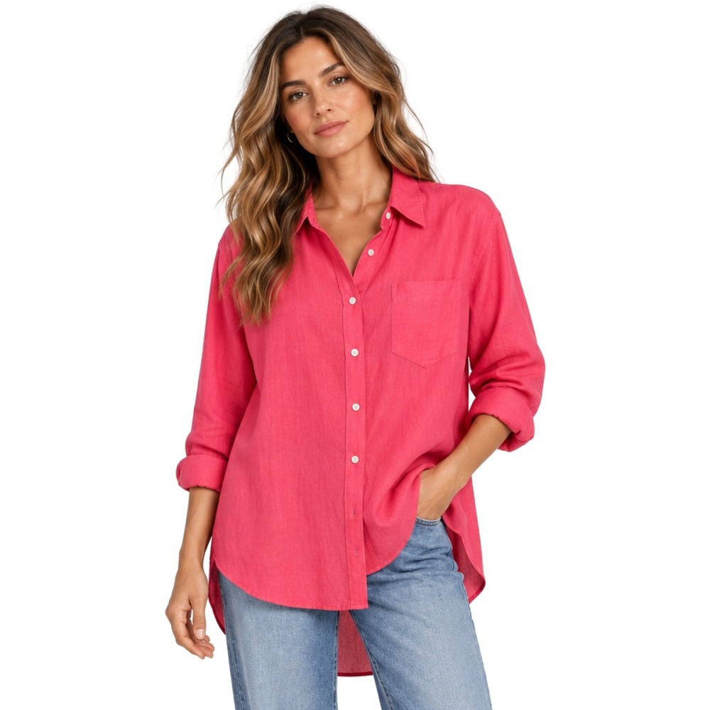 Lauren Ralph Lauren Shirt XL Pink 100% Linen Button Down Long Sleeve High Low